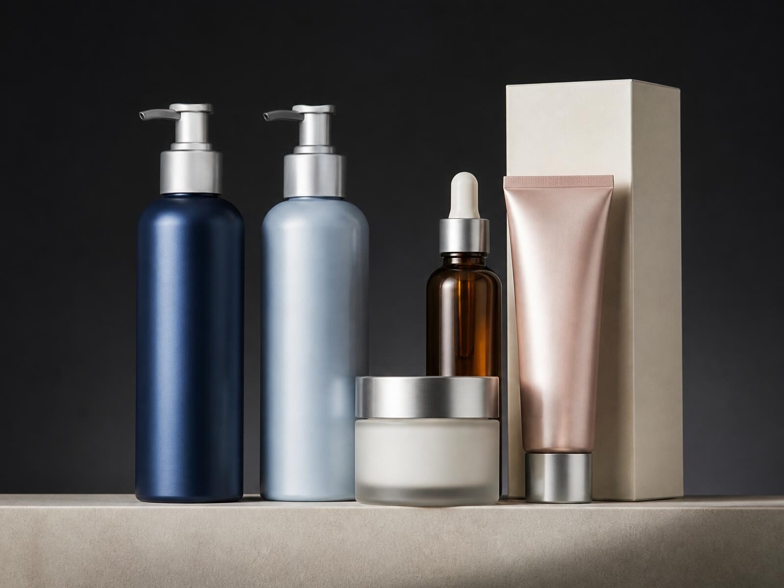 Premium unbranded haircare and skincare in aluminium bottles, a frosted glass cream jar, an amber serum dropper and a paperboard carton