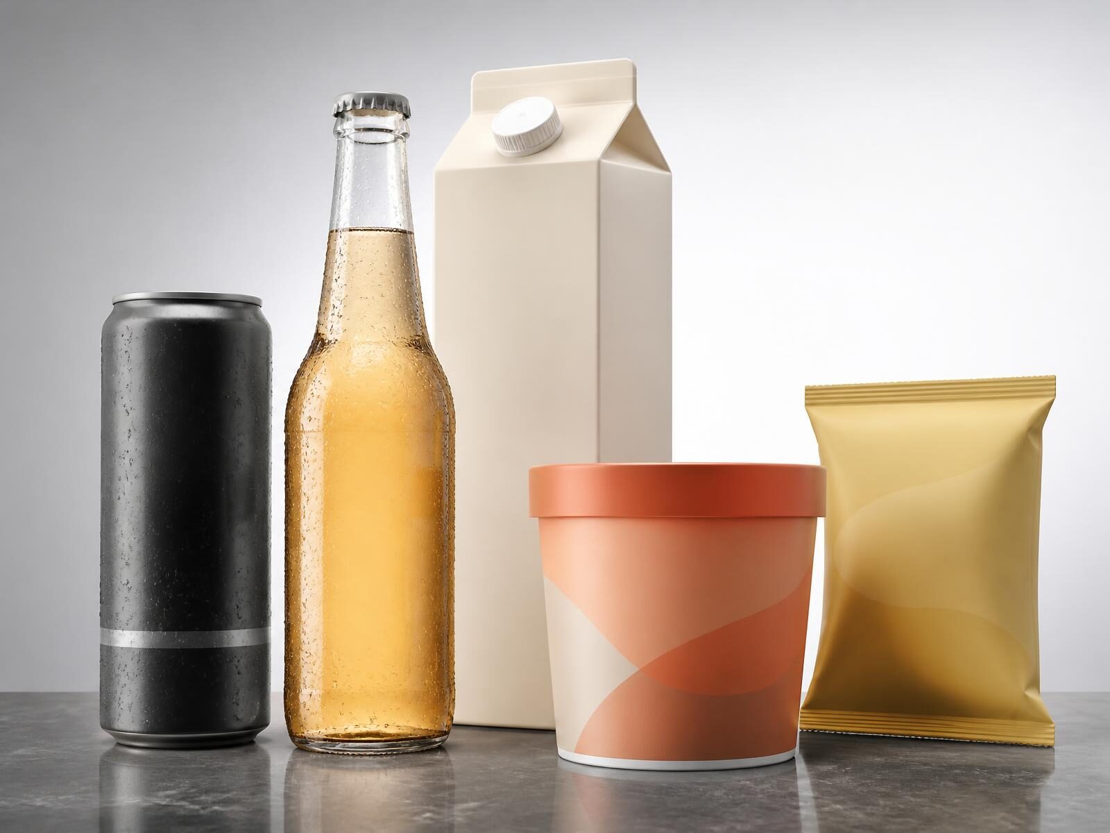 Unbranded food and beverage packaging, an aluminium can, a glass functional drink bottle, a paperboard carton, a paper frozen dessert tub and a snack pack