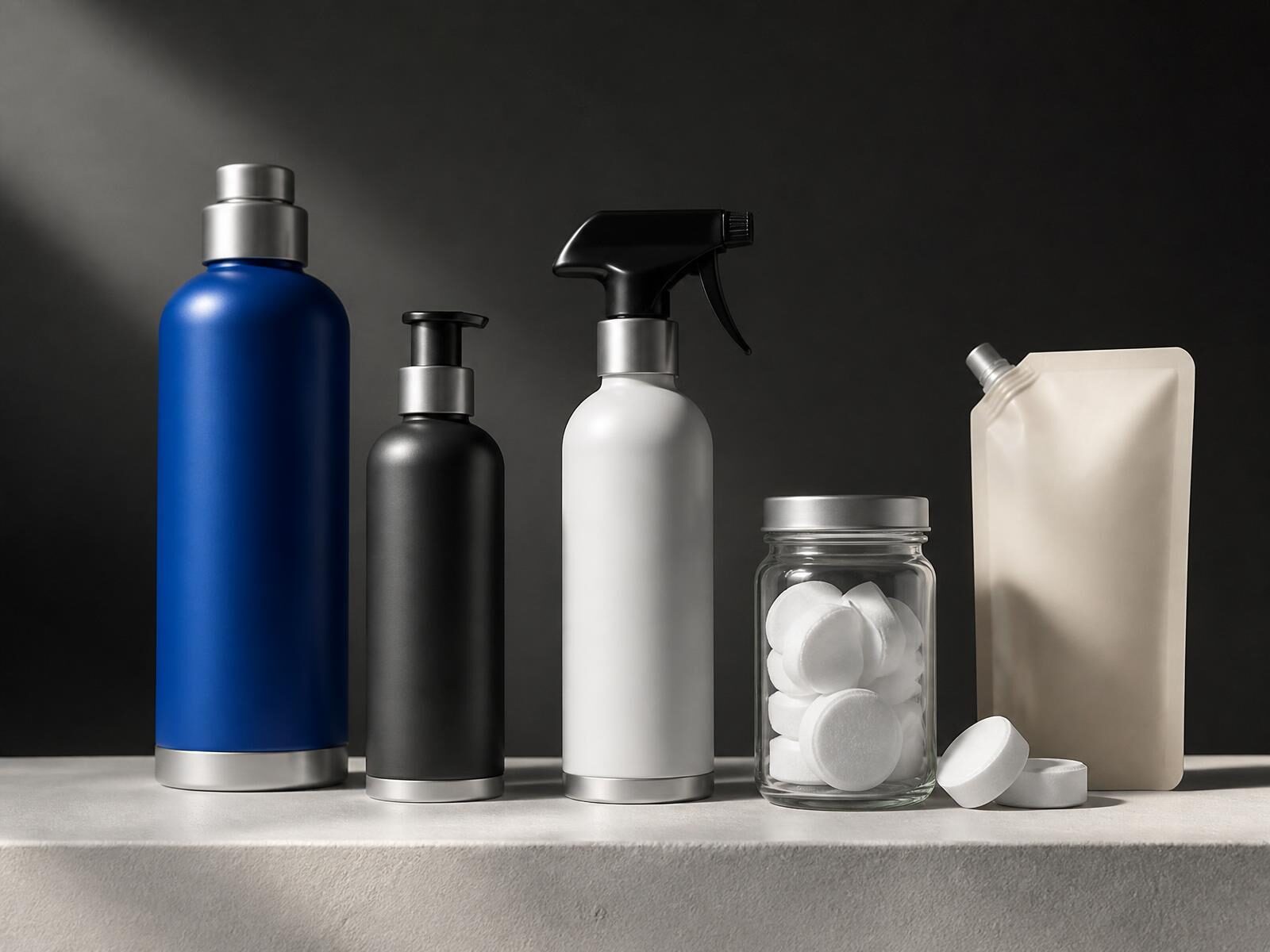 Modern unbranded household products, a cobalt aluminium laundry bottle, a charcoal dish liquid, a refillable spray cleaner, effervescent cleaning tablets in glass and a paper refill pouch