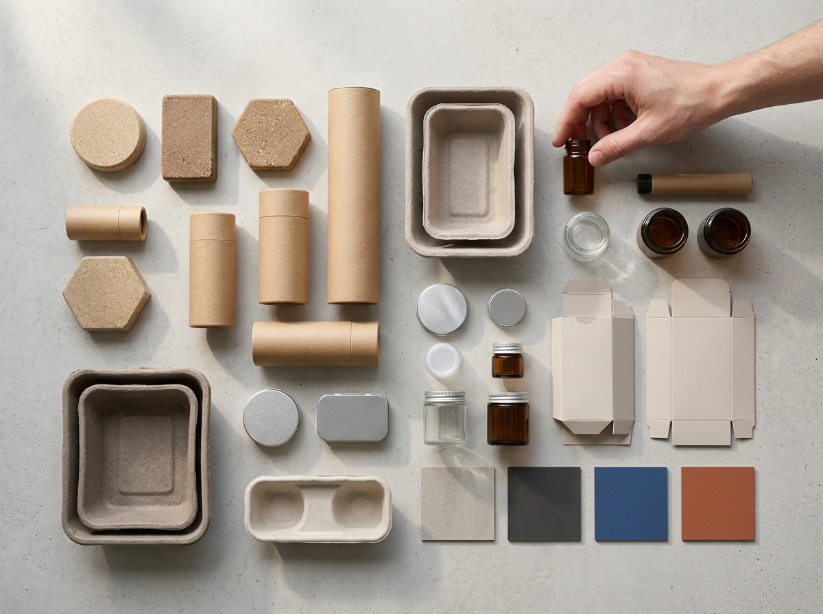 Product development in progress, packaging blanks, material samples and prototypes on a work surface
