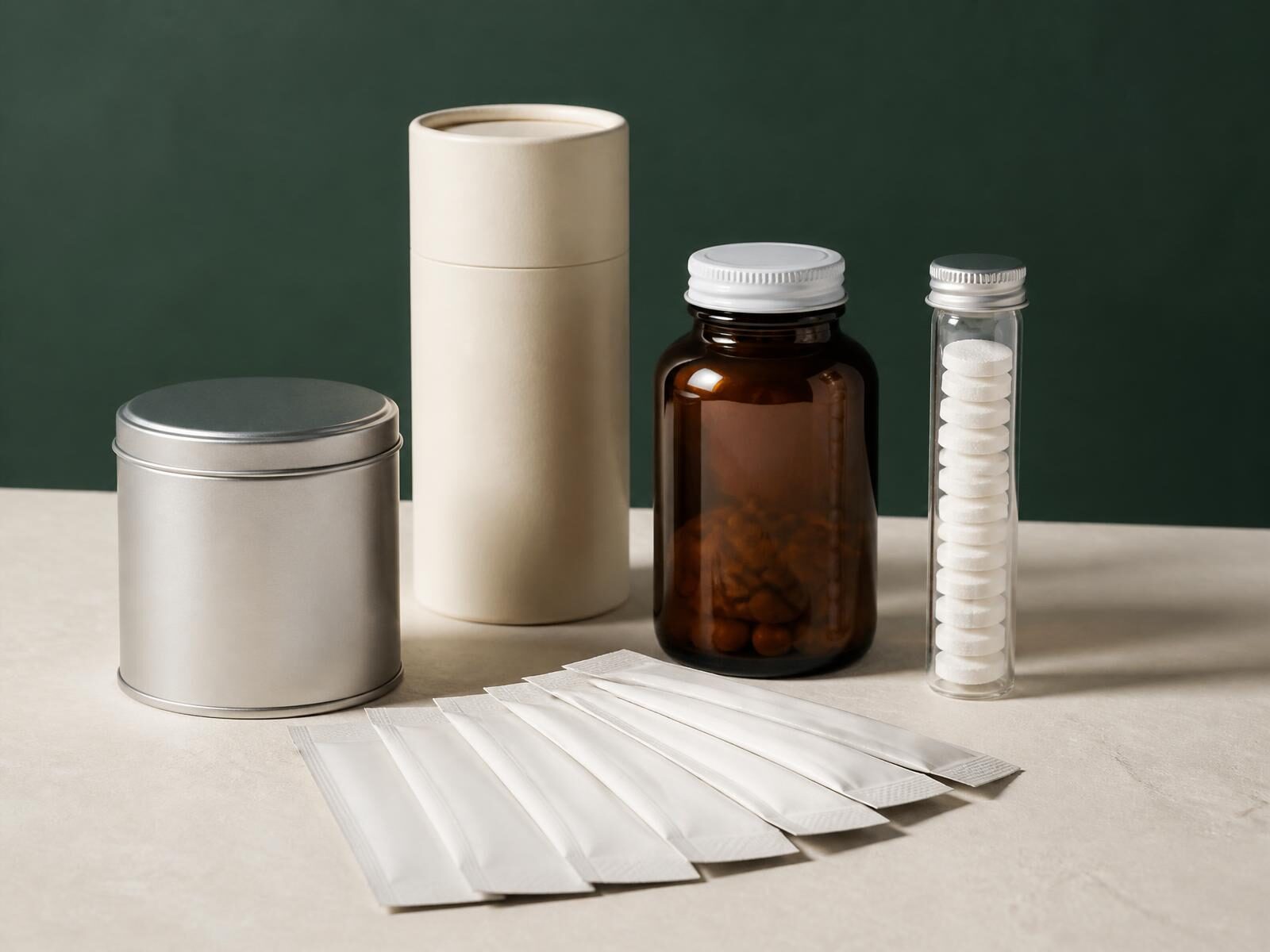 Unbranded vitamins and functional wellness products, an aluminium supplement tin, a cardboard powder tube, an amber glass bottle, paper sachets and effervescent tablets in glass