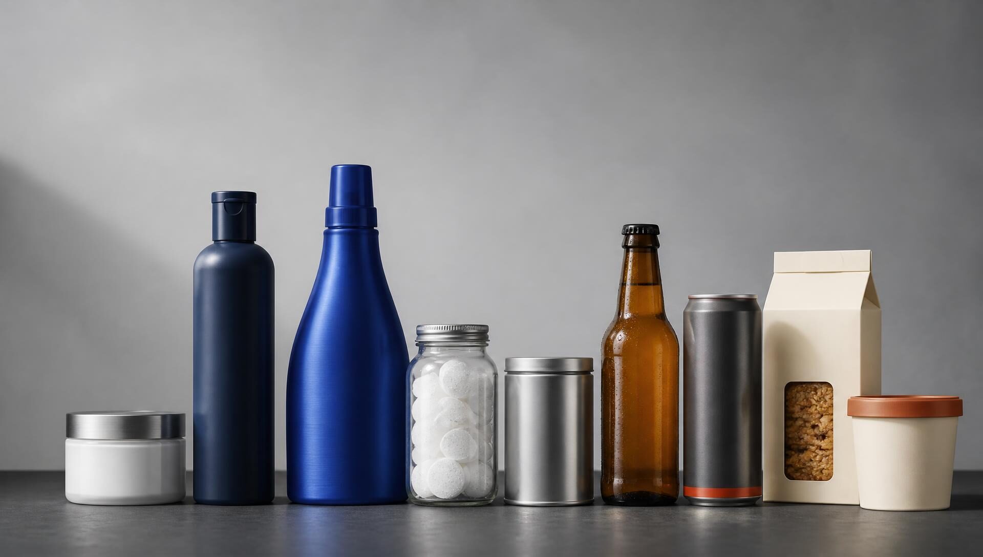 A cross-category line-up of unbranded consumer products, a face cream jar, aluminium shampoo and laundry bottles, effervescent tablets, a vitamin tin, drinks and packaged food on a charcoal surface