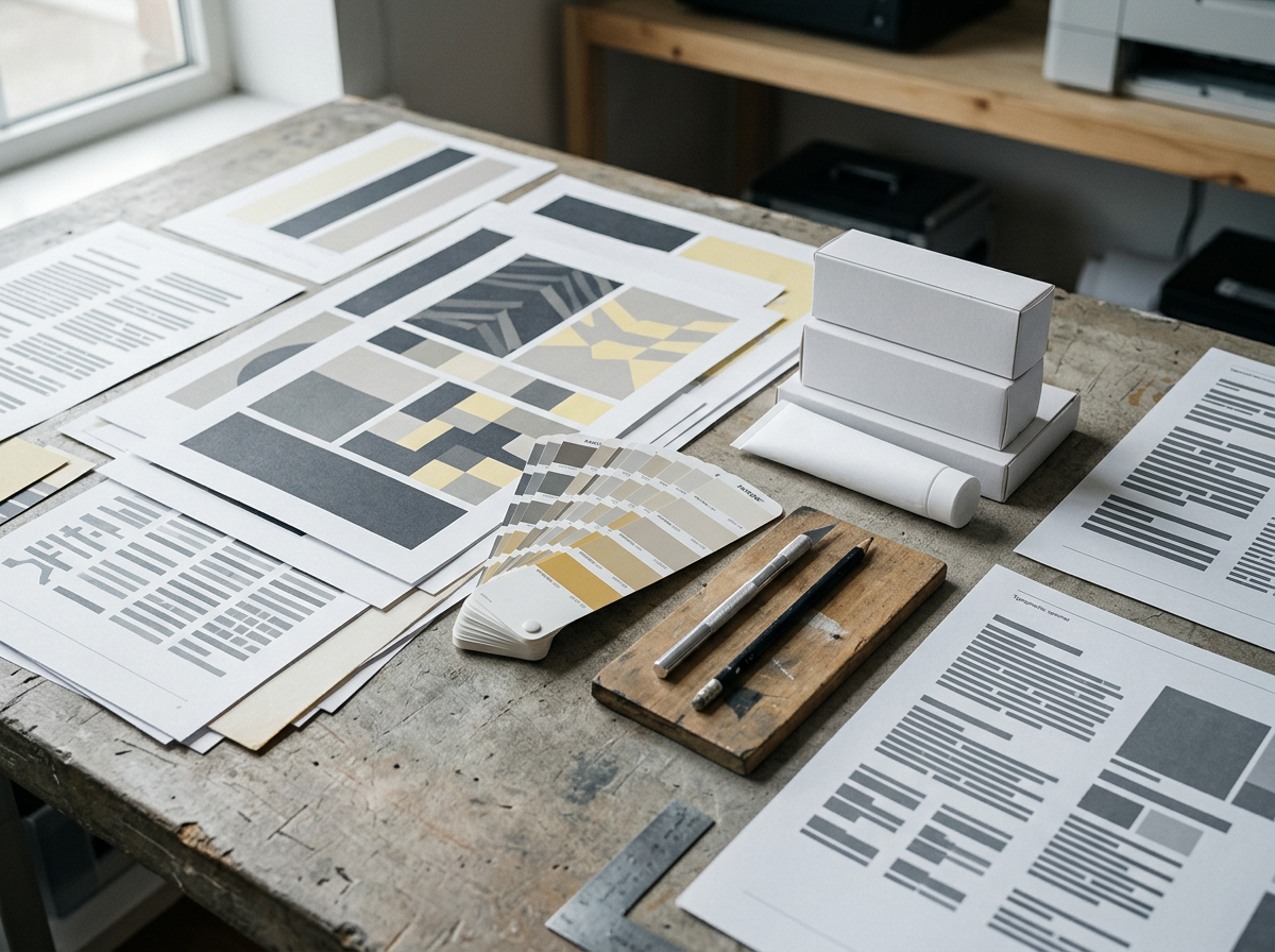 Brand creation in progress, printed colour proofs, a colour chip fan, typographic specimens and blank packaging mock-ups on a studio bench
