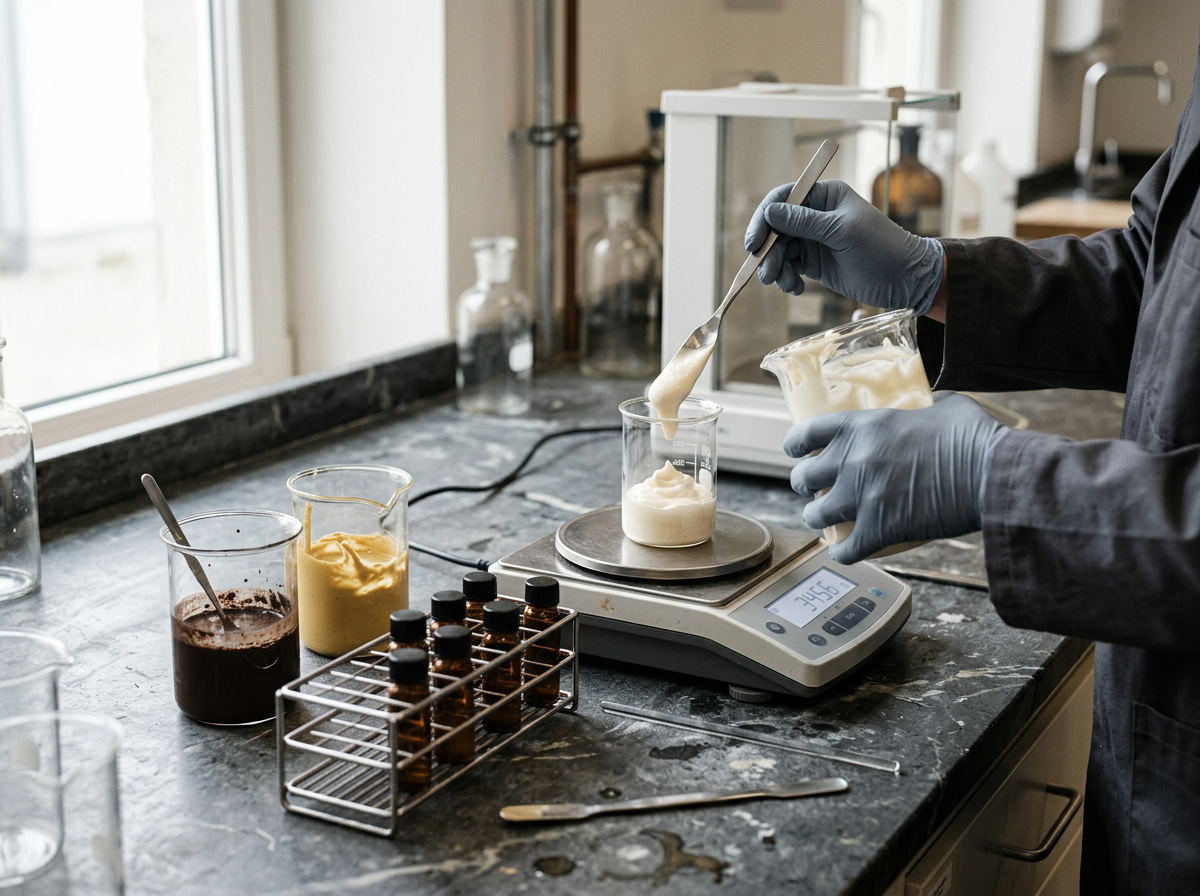 Product formulation in a laboratory, a cream base weighed on a precision balance beside pigment dispersions and sample vials