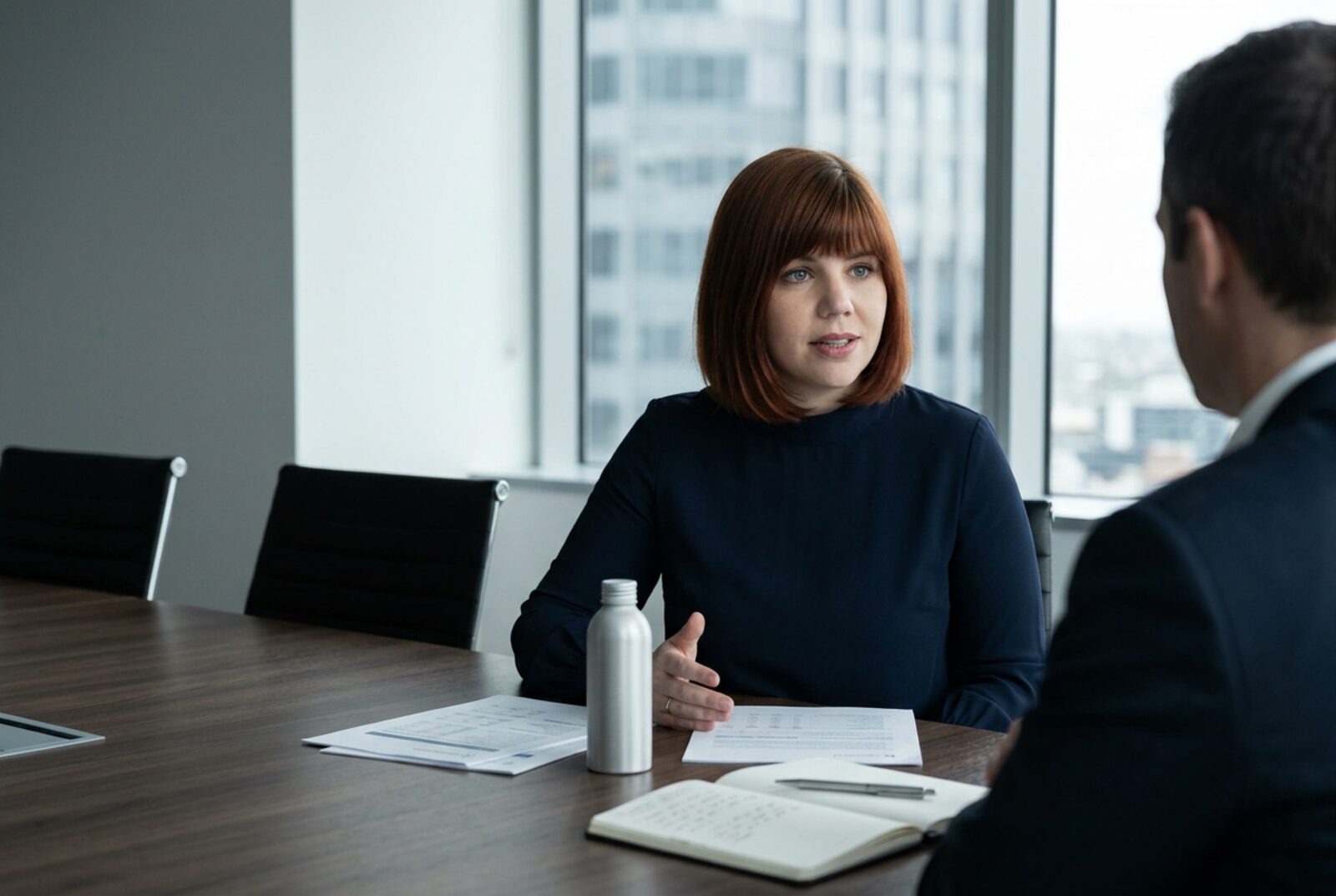 Brianne West in a commercial review at a boardroom table, reports and a notebook in front of her and a single unbranded aluminium bottle on the table
