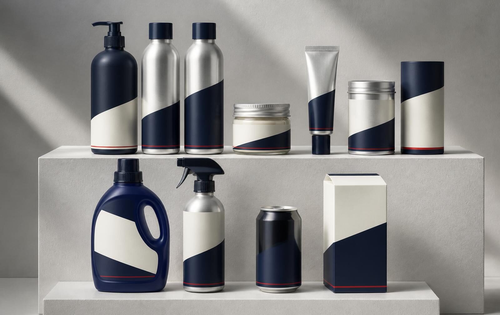 A coherent unbranded consumer brand platform scaled across haircare, skincare, wellness, home care and food in navy, cream and silver packaging