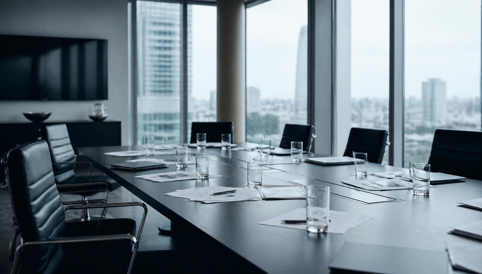 An empty contemporary boardroom after a difficult meeting, papers and water glasses still on the table