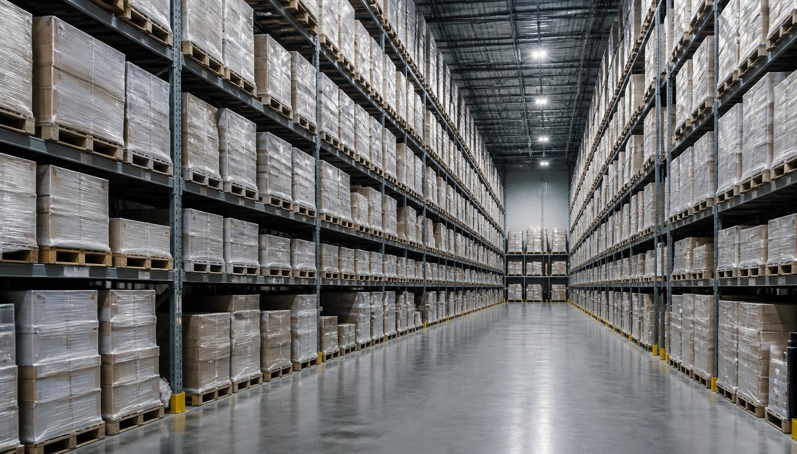 Warehouse racking filled with pallets of plain packaged consumer goods stretching into the distance