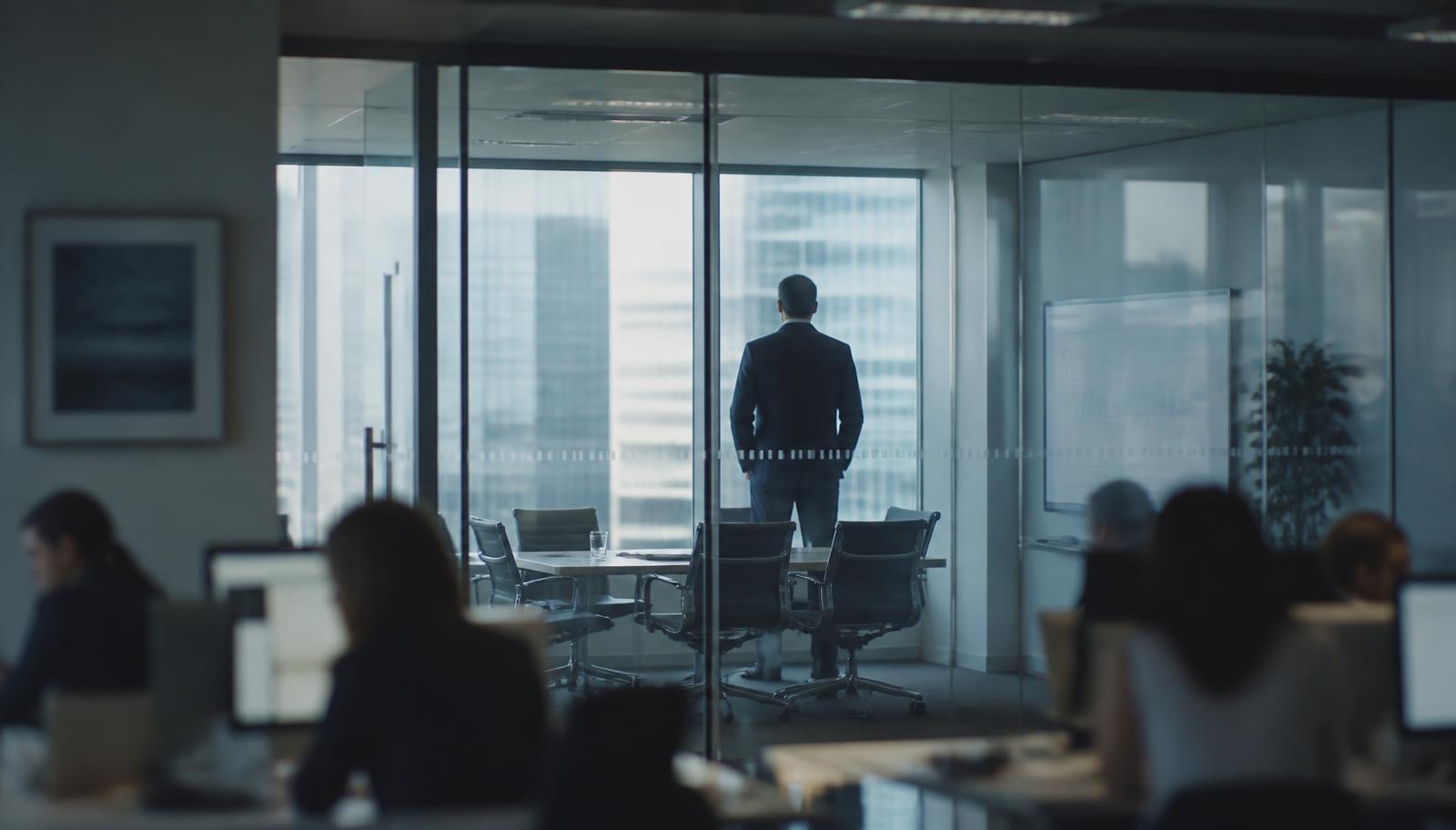 An executive standing alone in a glass-walled meeting room, seen through the glass with a team working beyond