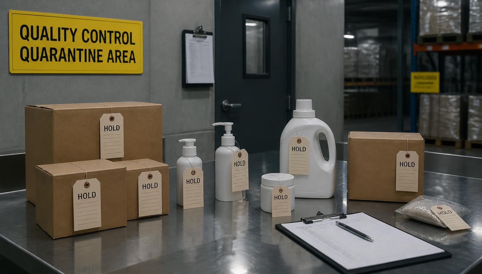 Unbranded consumer products and cartons held under quarantine tags on a stainless steel inspection bench in a warehouse quality control area