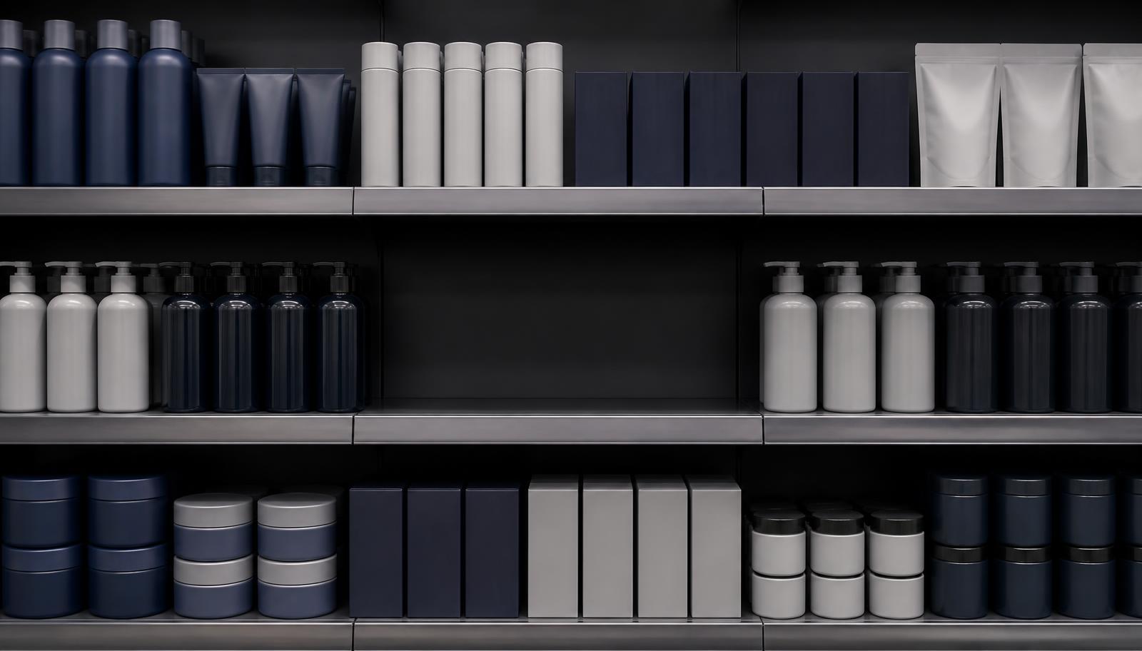 A premium retail shelf of unbranded consumer products with one empty product position in the centre