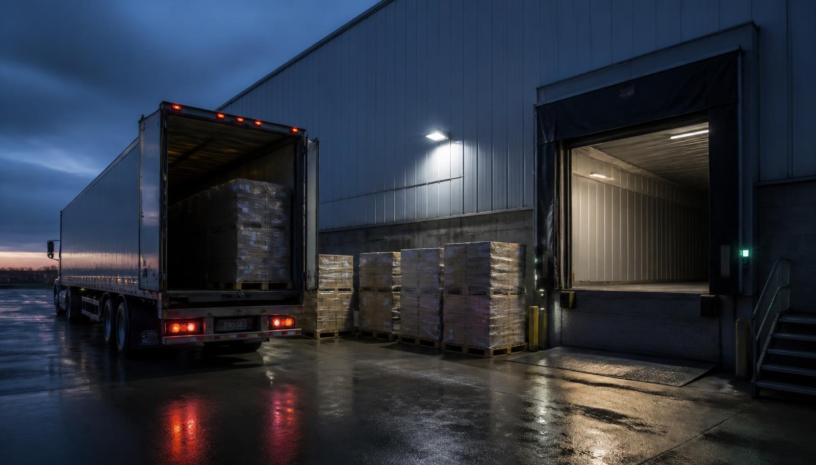 A loading dock at dusk with a partially loaded truck, pallets waiting on the apron and an open empty dock bay